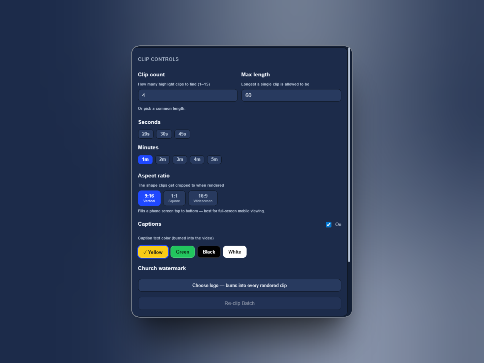 Clip controls panel with aspect ratio, captions, and watermark settings
