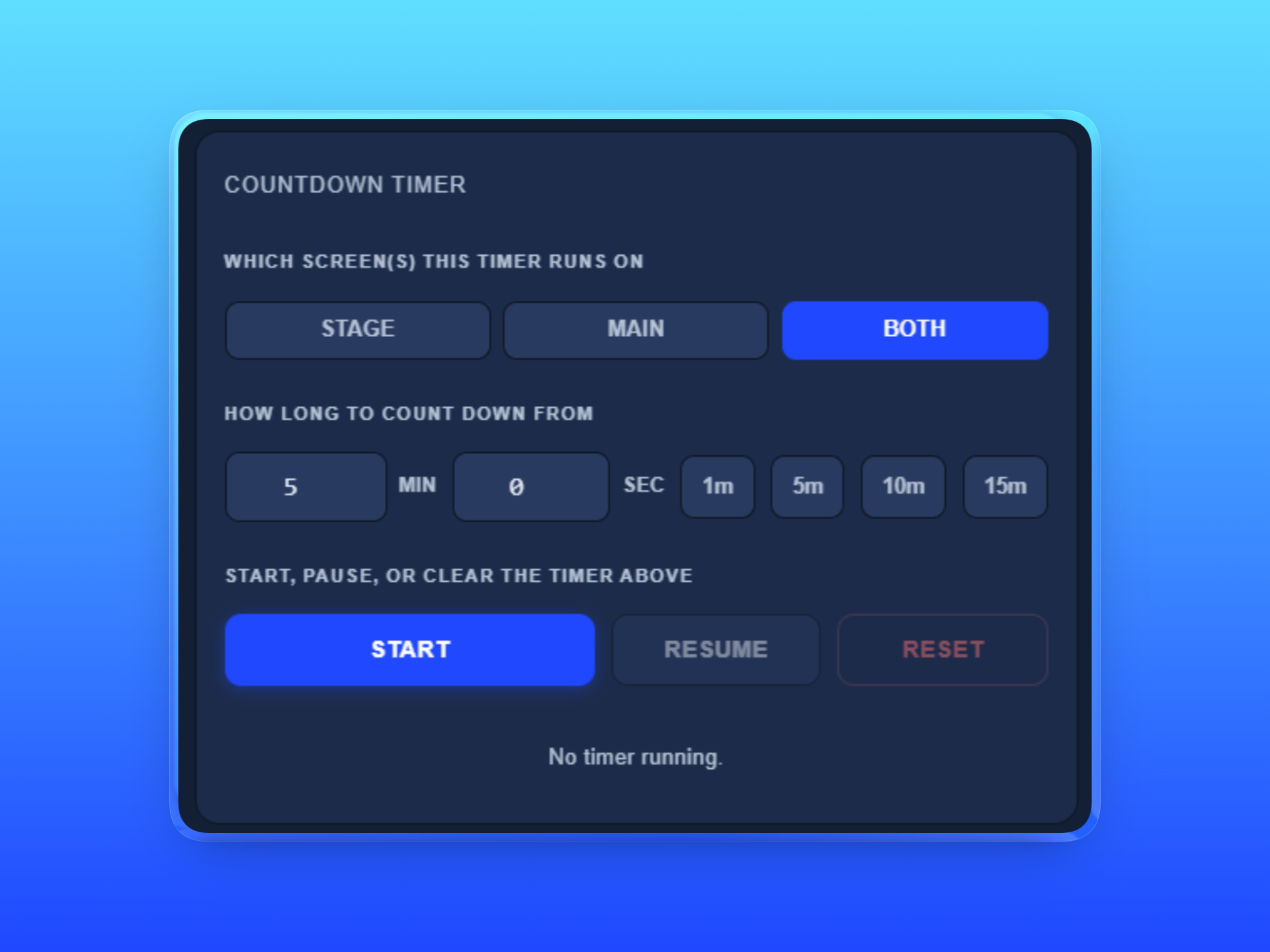 Countdown timer panel targeting stage, main, or both screens