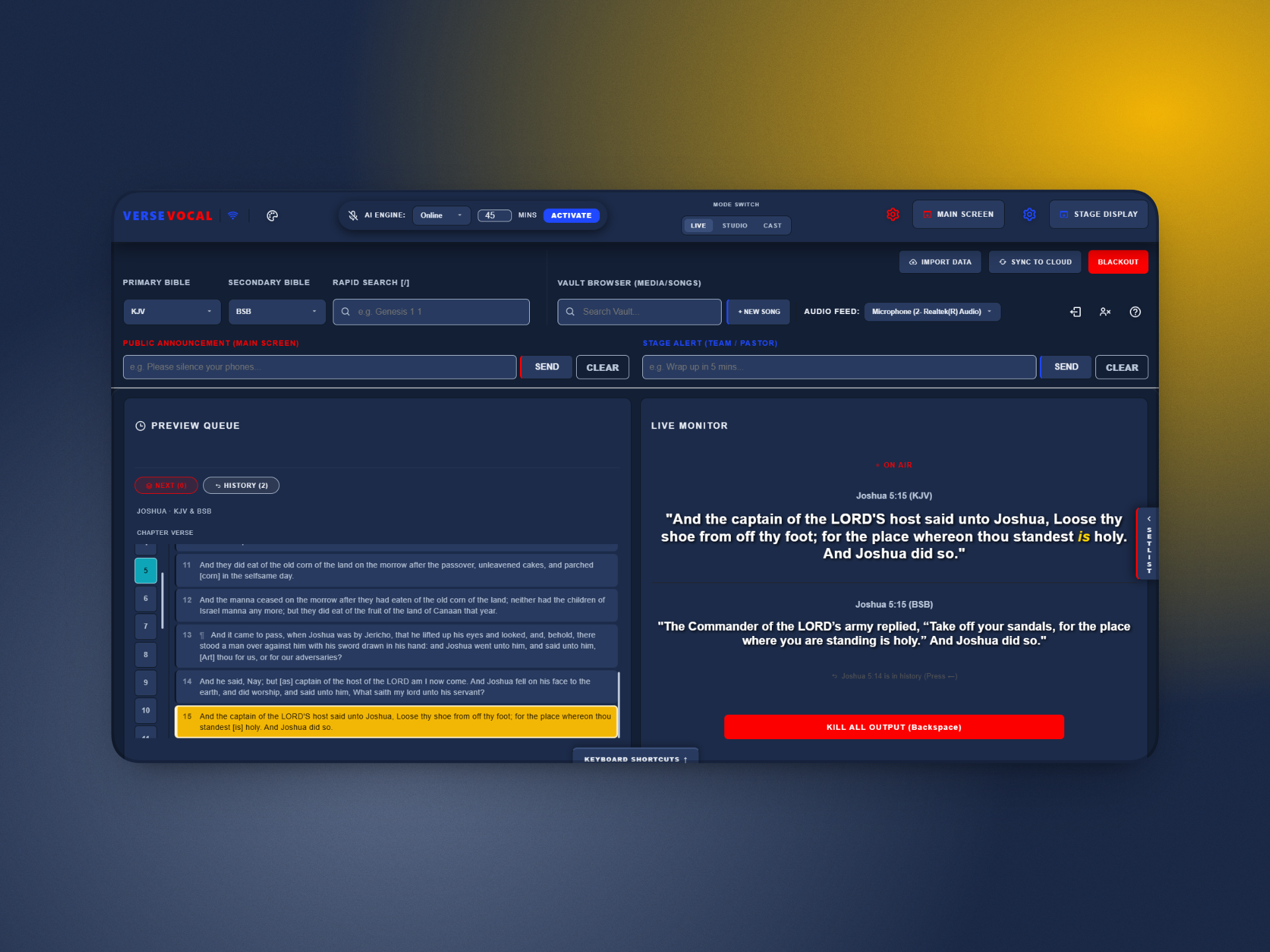 VerseVocal Live Mode dashboard showing the vault browser, verse search, and live monitor