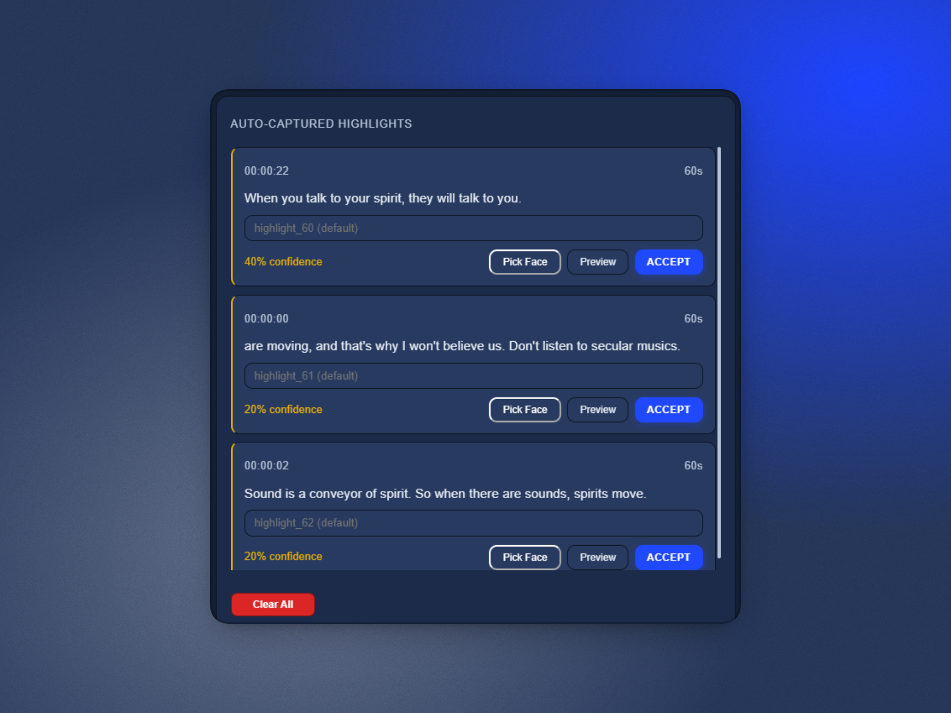 Auto-captured highlights list with confidence percentages and Accept buttons