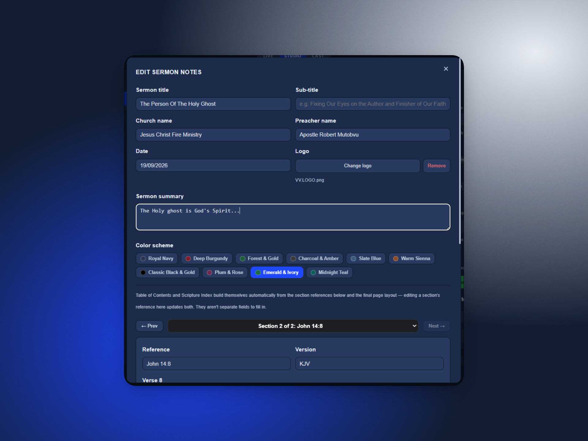 Sermon notes editor with title, preacher, date, and color scheme options