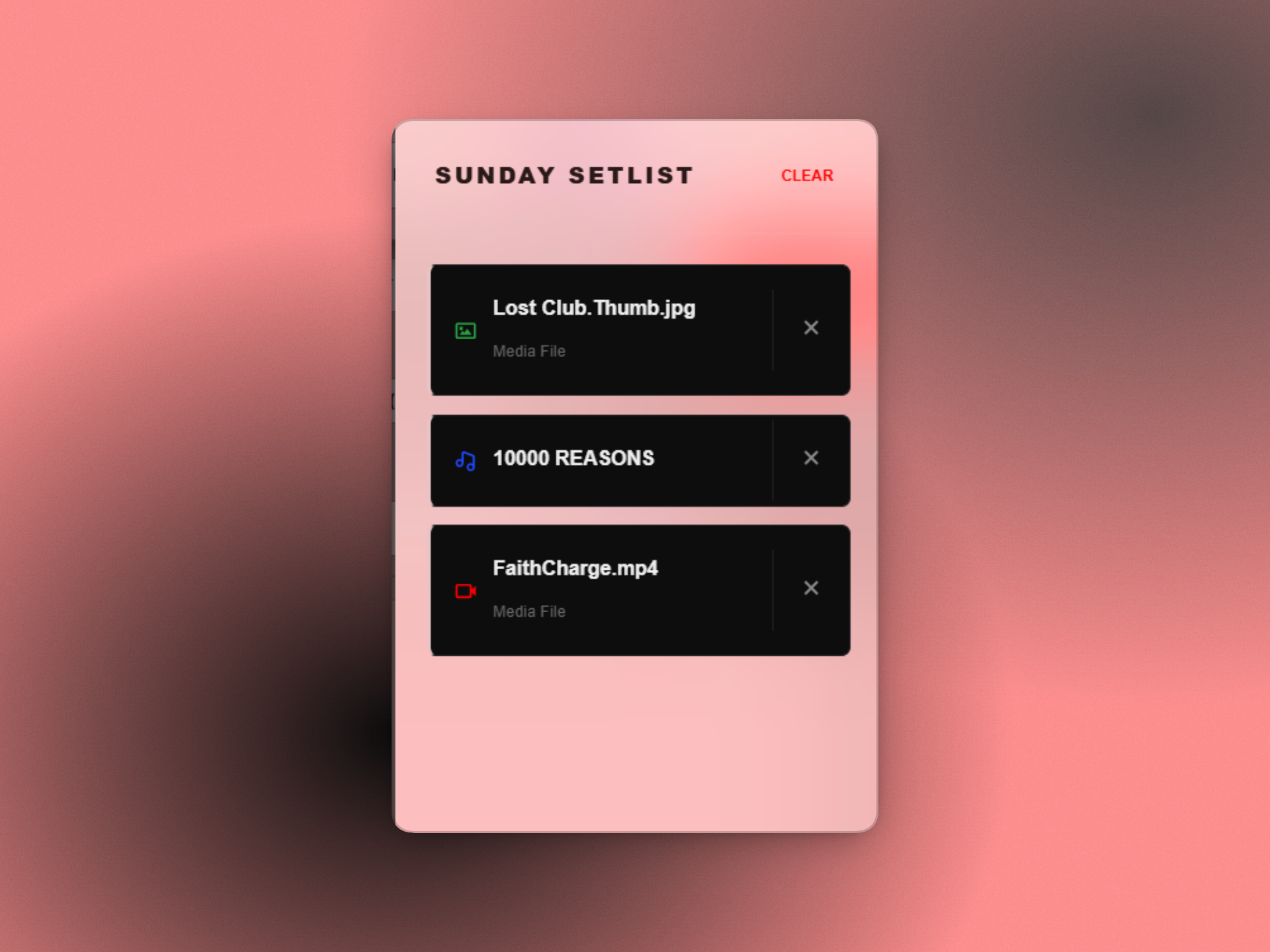 Sunday setlist showing queued songs, images, and video